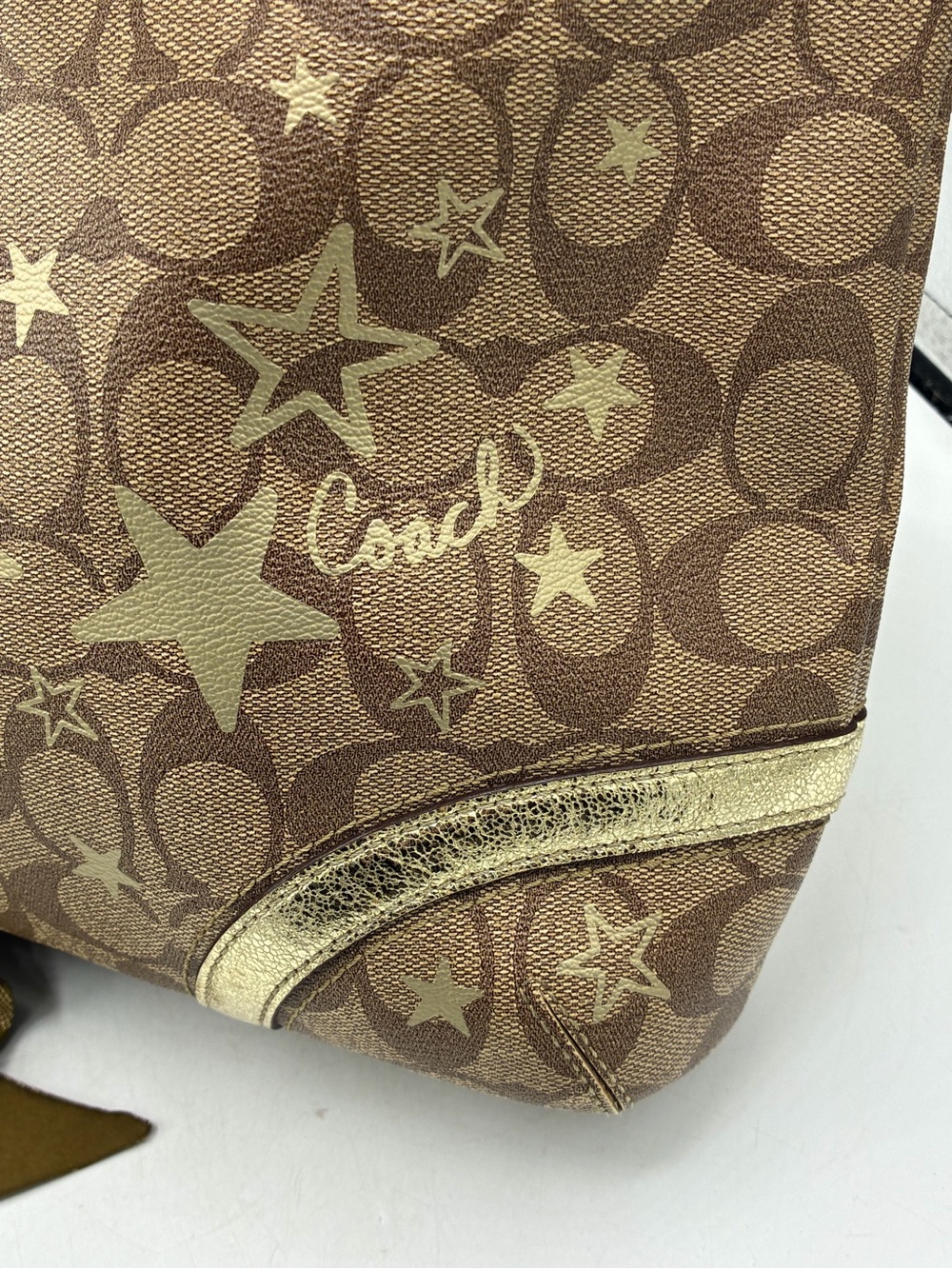 Coach Brown Signature Star Print Tote with Gold Trim - Picture 3 of 15